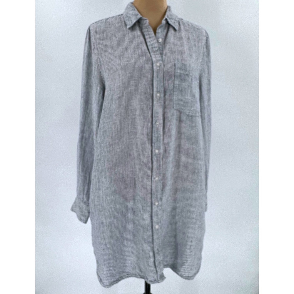 Quince Womens Blue White Striped 100% Linen Long Sleeve Shirt Dress Size M